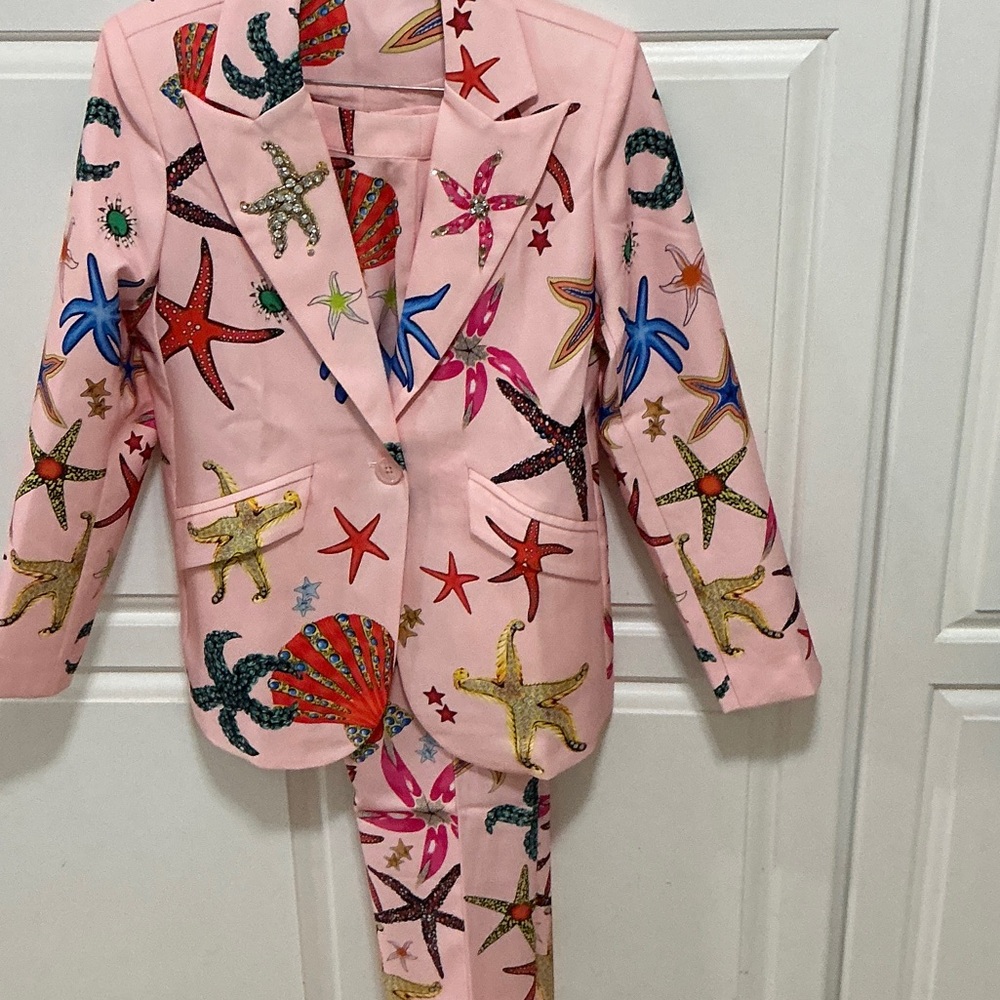 Colorful Starfish Patterned Blazer and Pants Set